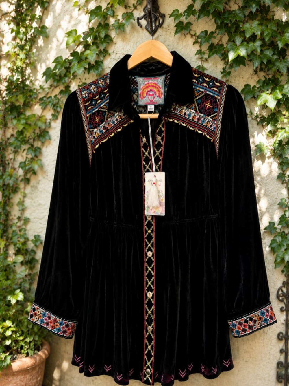 Johnny Was Naomi Velvet Smock Shirt XS Black Embroidered Boho NWT J14219-0